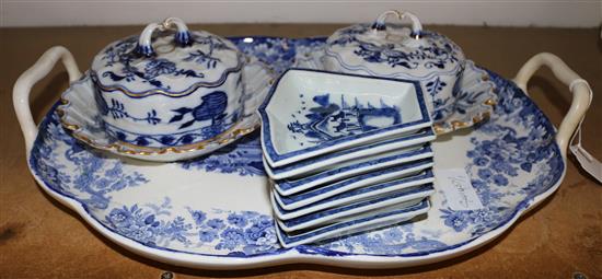 Minton Genevese blue & white ceramic tray, 2 lidded dishes and an hors doevres dish
